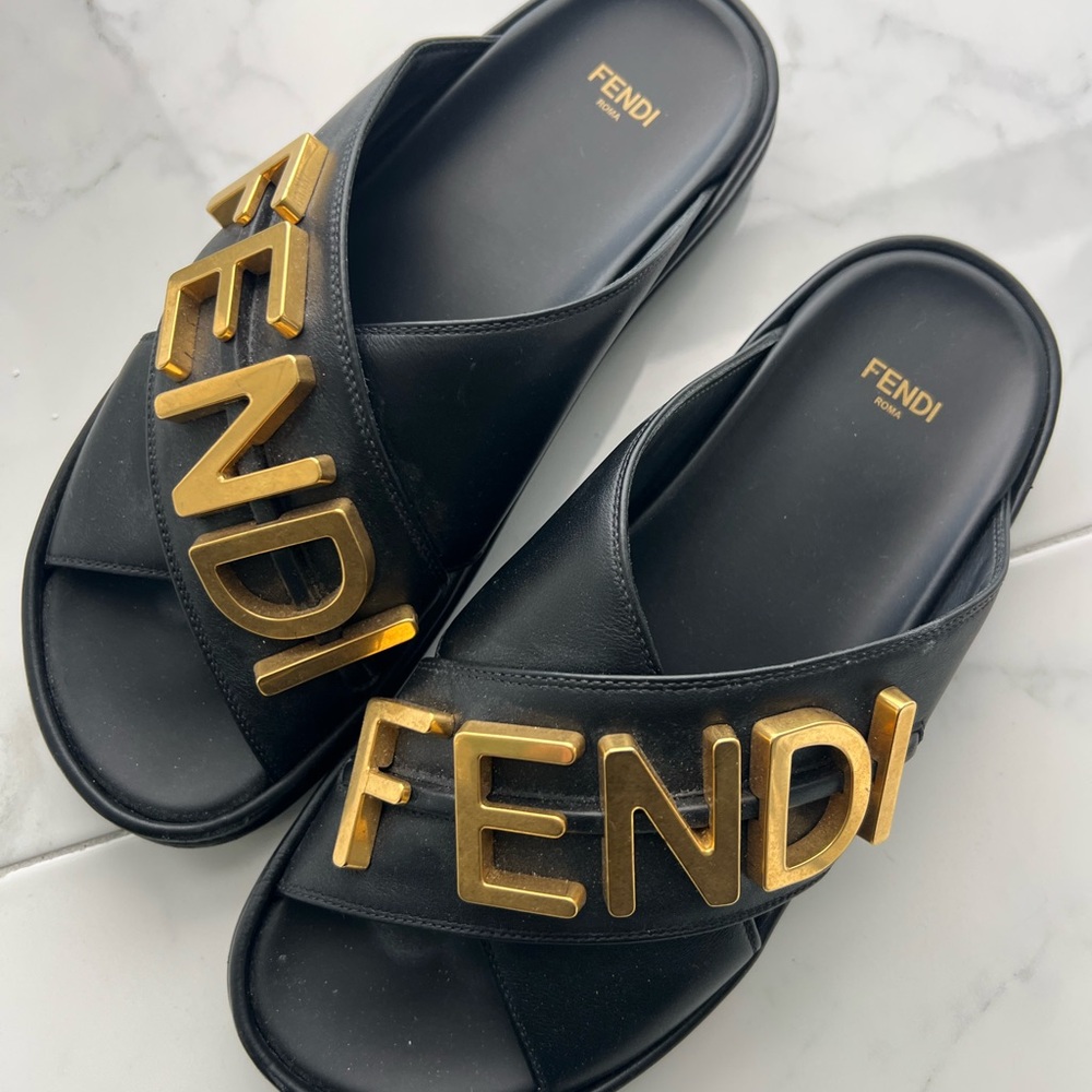 Fendi Women's Black and Gold Slide Sandals